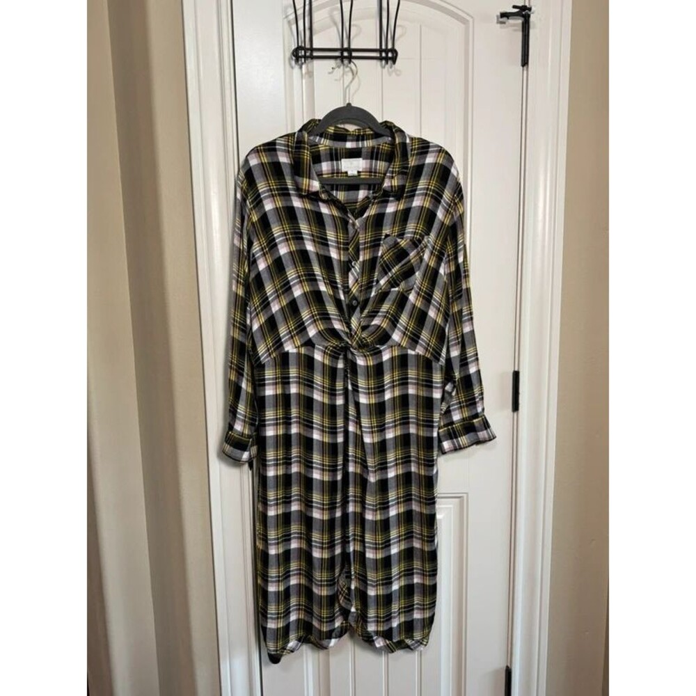 Caslon Plaid Twist Front Midi Shirtdress Black Yellow White Plus Size 2X Rayon